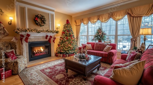 A cozy living room with red and gold Christmas decorations, featuring a glowing fireplace and a beautifully lit tree