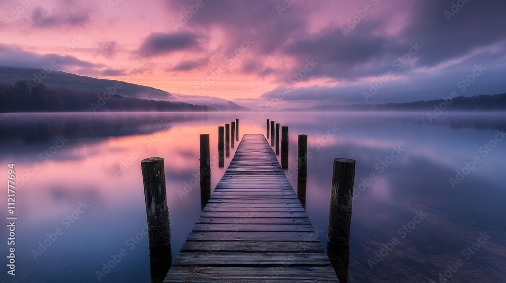 Fototapeta premium Serene sunrise, misty lake, wooden dock.