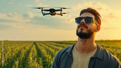 man with sunglasses observes drone flying over green crop field at sunset photo