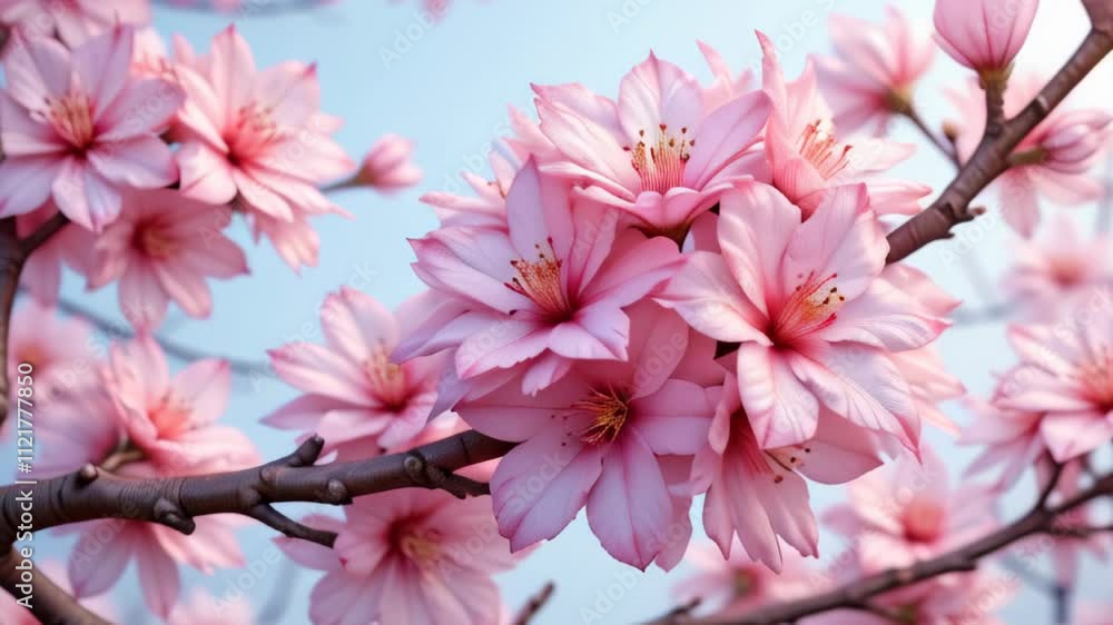 A branch of pink flowers with a blue sky in the background A branch of pink flowers with a blue sky in the background
