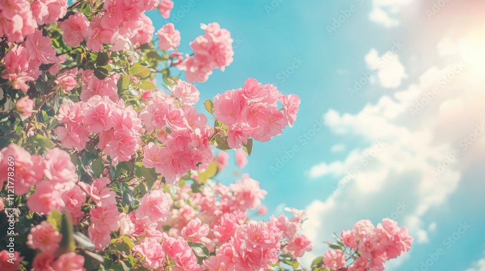 Vibrant pink rose flowers blooming under a sunny blue sky showcasing the beauty of nature in a serene garden setting Vibrant pink rose flowers blooming under a sunny blue sky showcasing the beauty of nature in a serene garden setting
