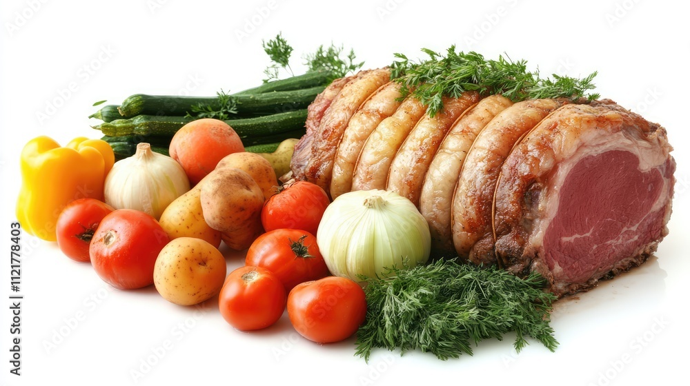 Roast pork with fresh vegetables arranged on a clean white background showcasing a delicious culinary presentation. Roast pork with fresh vegetables arranged on a clean white background showcasing a delicious culinary presentation.