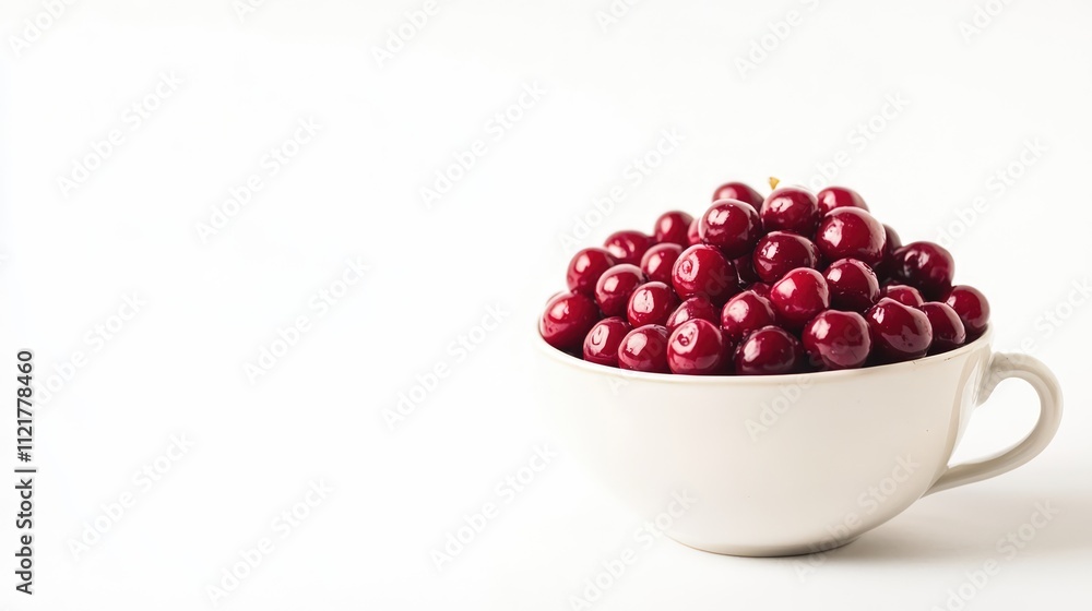 Freshly picked ripe red cherries piled in a white cup with a minimalist background highlighting their vibrant color and natural shine. Freshly picked ripe red cherries piled in a white cup with a minimalist background highlighting their vibrant color and natural shine.