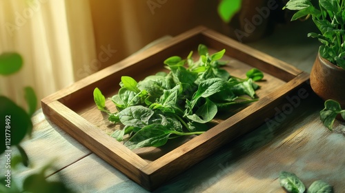 Fresh organic spinach leaves on a rustic wooden tray highlighting local produce for a healthy vegetarian lifestyle and sustainable eating practices photo