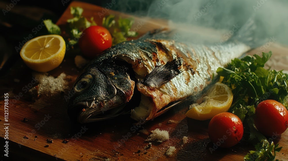 Grilled whole sea fish served on a wooden board with fresh tomatoes, lemon slices, and mixed salad greens. Grilled whole sea fish served on a wooden board with fresh tomatoes, lemon slices, and mixed salad greens.