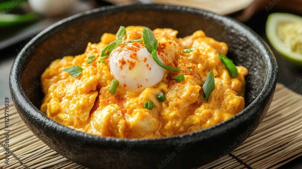 Delicious salted egg dish served in a traditional black bowl garnished with herbs and spices Delicious salted egg dish served in a traditional black bowl garnished with herbs and spices