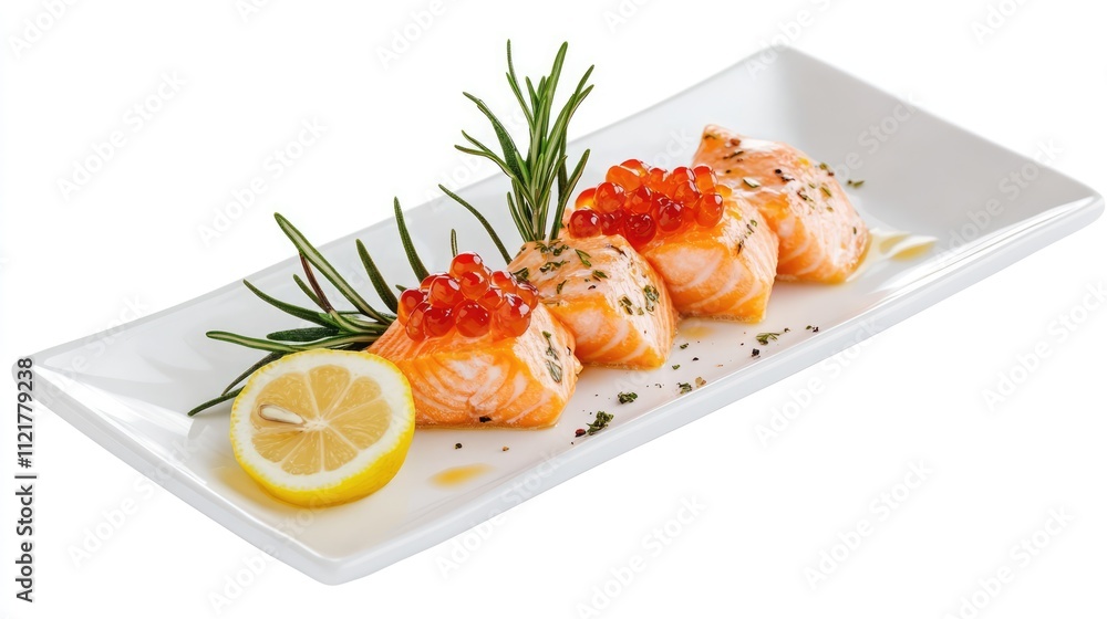 Savory salmon fillet garnished with red caviar lemon rosemary and Chinese onion elegantly plated on a white dish against a neutral background Savory salmon fillet garnished with red caviar lemon rosemary and Chinese onion elegantly plated on a white dish against a neutral background
