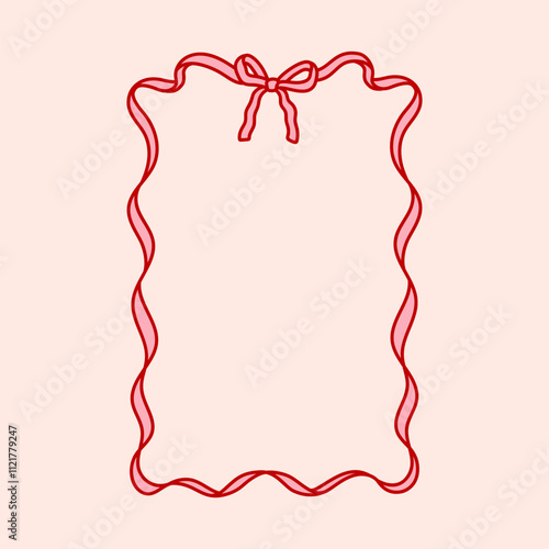 Frame of coquette pretty charming pink bow and ribbon. Hand drawn trendy border. Vintage bowknot frame for greeting cards, wedding, invitations, social media