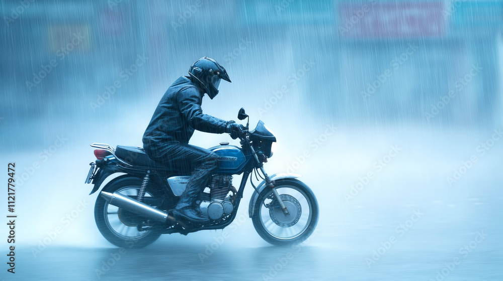 Fototapeta premium Rider navigates heavy rain on a motorcycle in urban setting