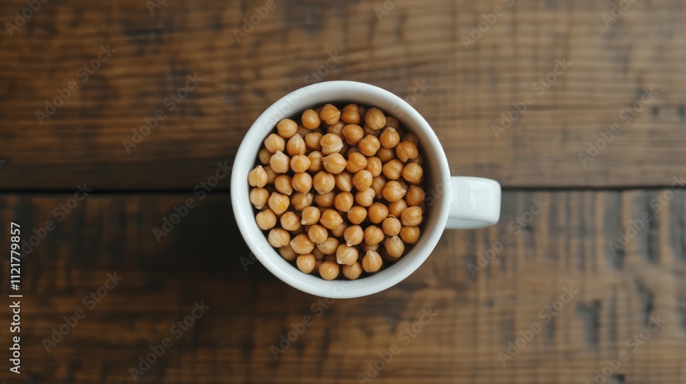 Roasted chickpeas in a white cup on a rustic hardwood table showcasing healthy snacking options and natural textures Roasted chickpeas in a white cup on a rustic hardwood table showcasing healthy snacking options and natural textures
