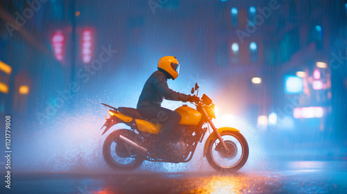 Yellow motorcycle cruising through rain at night photo