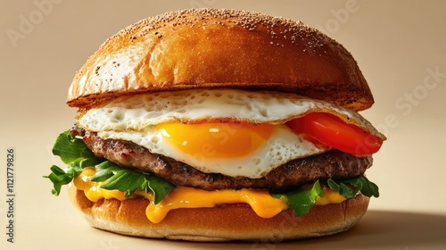 Breakfast sandwich with fried egg, fresh vegetables, and cheese nestled in a soft bun perfect for a hearty morning meal. photo