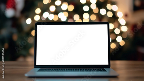 Mockup template of laptop on the table. Front screen view. Christmas tree on background 