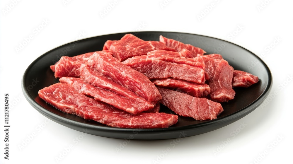 Sliced raw beef fillet strips on a black plate against a clean white background for culinary and food preparation concepts Sliced raw beef fillet strips on a black plate against a clean white background for culinary and food preparation concepts