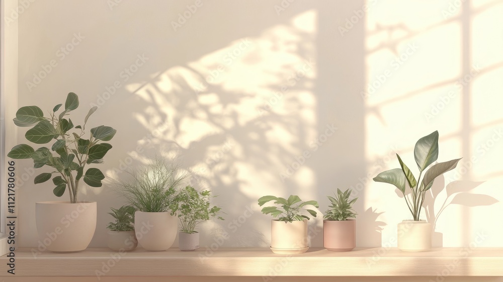 Fototapeta premium Scandinavian room interior featuring plants in stylish pots on a shelf with natural light and white walls creating a serene garden atmosphere