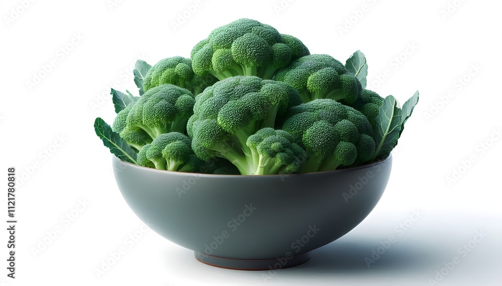 Fototapeta premium Front view of Broccoli in a wooden bowl. Broccoli isolated on white. Broccoli with copy space for text. Broccoli on a white background.