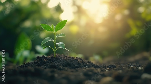 Investment growth concept with a seedling sprouting from soil symbolizing financial growth in a natural blurred background setting.