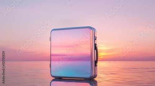 Glossy suitcase with mirrored panels, reflecting a vibrant sunset at the water's edge photo