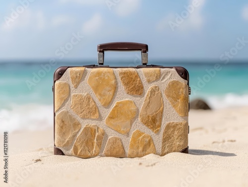 Stonetextured suitcase emerging from a sandy beach, blending with nature photo