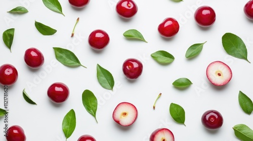 Red cherry plum fruits with green leaves arranged on white background showcasing whole and half sliced plums in vibrant colors.