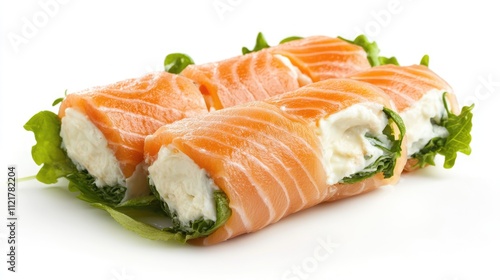 Salmon sushi rolls with creamy cheese and fresh lettuce on a white background