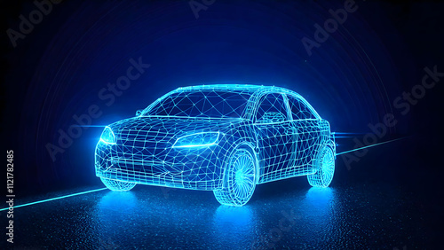  A Car in the road made of glowing dots and lines on a dark blue background 