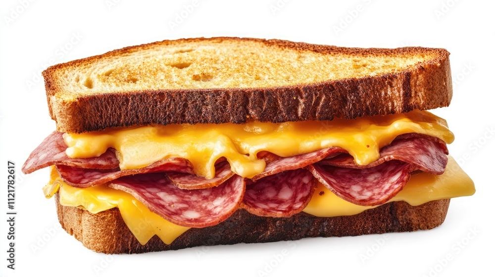 Toasted sandwich with layers of salami and melted cheese on whole grain bread isolated on white background Toasted sandwich with layers of salami and melted cheese on whole grain bread isolated on white background