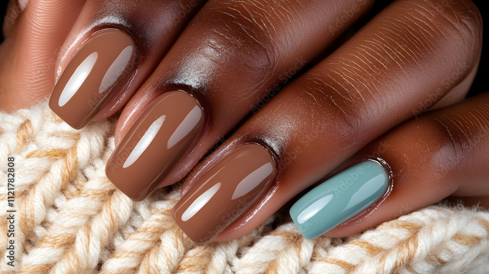 Obraz premium Close-up elegant woman's hands with nails manicured in glossy dark brown coffee color. Textured, brown knitted fabric background. Feminine elegance and luxury concept. Mocha Mousse color of year 2025.