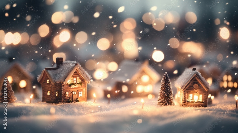A snow-covered Christmas village illuminated by warm lights, with a festive atmosphere and falling snowflakes. A snow-covered Christmas village illuminated by warm lights, with a festive atmosphere and falling snowflakes.