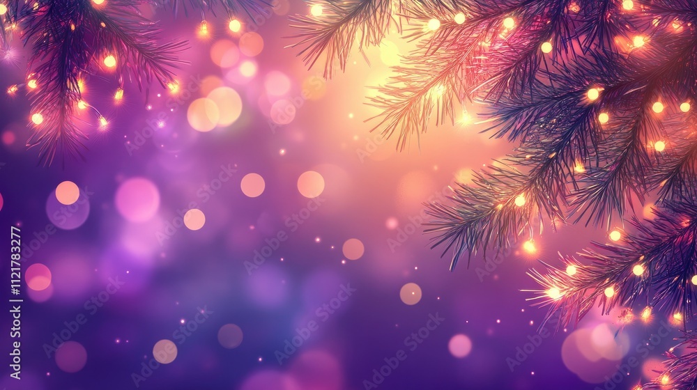 Fototapeta premium A softly lit background with vibrant bokeh lights shining through pine branches, blending warm and cool tones for a cozy festive feel.
