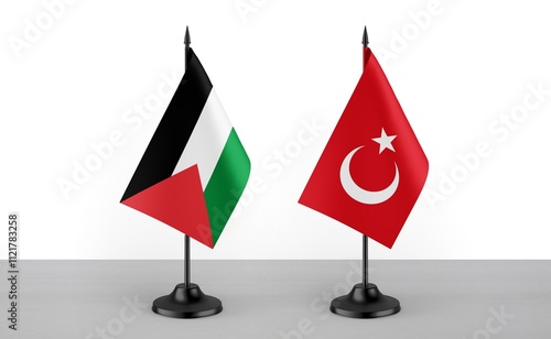 Image of the table flag of Palestine and Turkey countries. White background. Close-up flags. High Resolution. photo