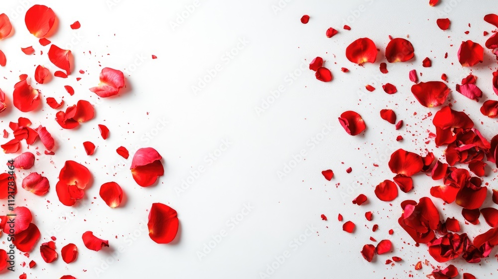 Red rose petals scattered artfully on a white background creating a romantic and elegant atmosphere for various design purposes Red rose petals scattered artfully on a white background creating a romantic and elegant atmosphere for various design purposes