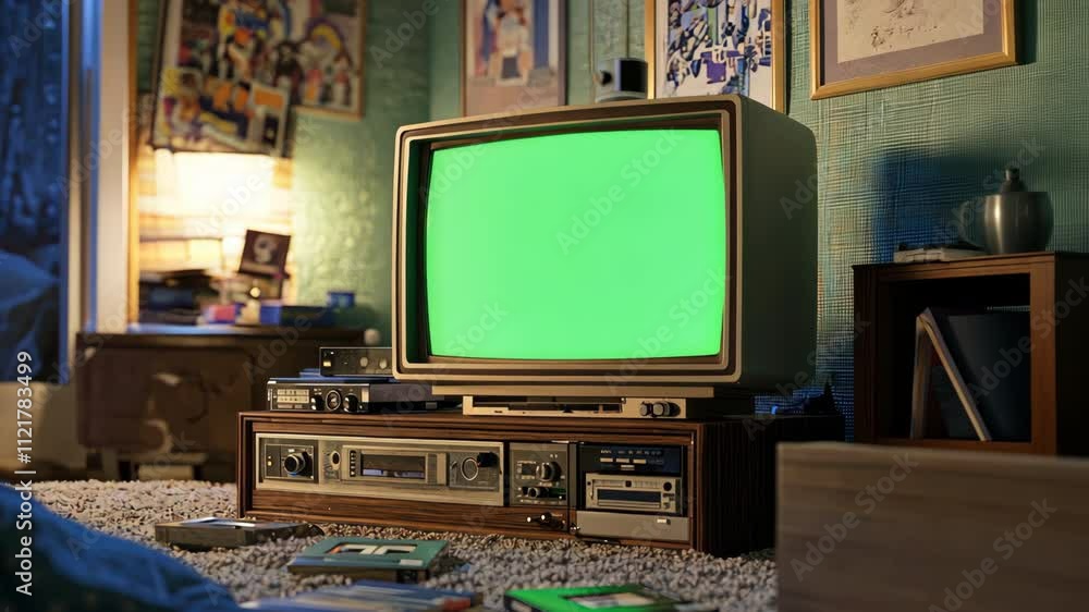 Cozy living room with vintage television set green screen, nostalgic atmosphere. Collection old media scattered on floor. Old retro box tv with mock up, chroma key template. Empty mockup, blank space.