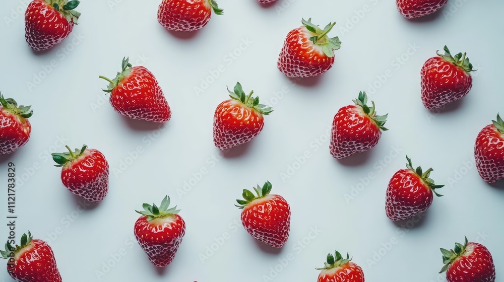 Fresh ripe red strawberries arranged in a flat lay on a light background showcasing their vibrant color and natural texture Fresh ripe red strawberries arranged in a flat lay on a light background showcasing their vibrant color and natural texture