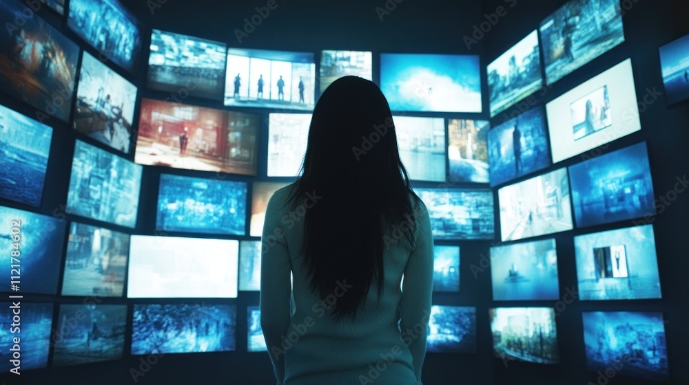 Woman Observing a Wall of Screens Displaying Various Scenes Woman Observing a Wall of Screens Displaying Various Scenes