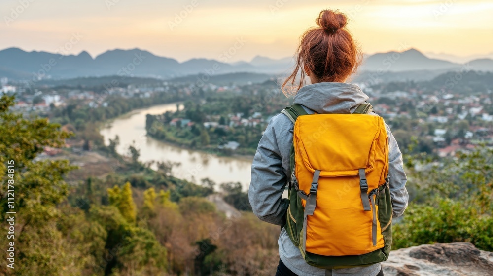Young woman with a yellow backpack enjoying a scenic view of a river and mountains during sunset, embodying adventure and exploration in nature Young woman with a yellow backpack enjoying a scenic view of a river and mountains during sunset, embodying adventure and exploration in nature