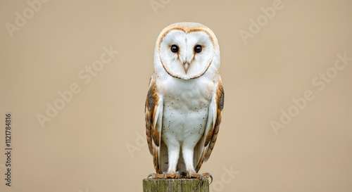 Majestic barn owl perched on wooden post in serene natural setting photo