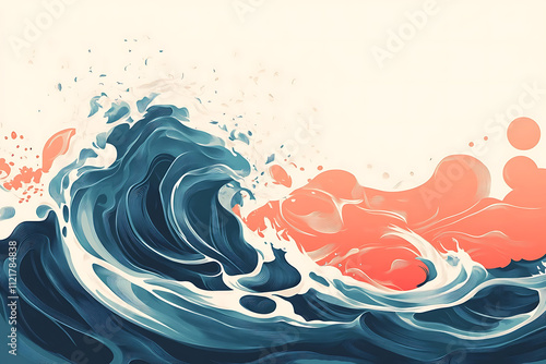 Dynamic Ocean Waves Illustration - This striking digital painting captures the fluid motion of ocean waves in a mesmerizing blend of deep blue and vivid coral red.  photo