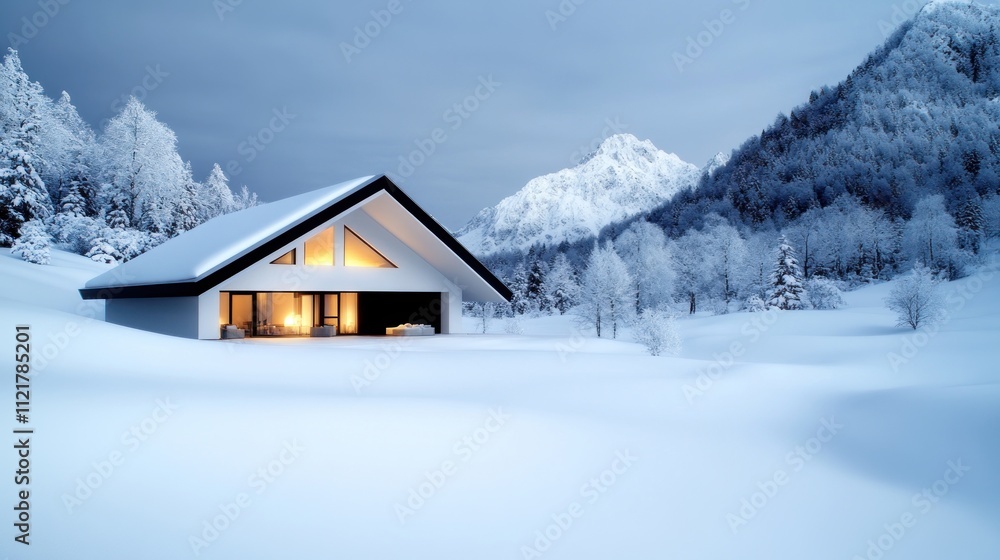A serene winter landscape featuring a modern house in snow. A serene winter landscape featuring a modern house in snow.