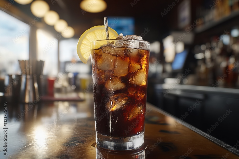 Refreshing Glass of Cola with Ice and Lemon in a Modern American Diner. AI generated illustration Refreshing Glass of Cola with Ice and Lemon in a Modern American Diner. AI generated illustration