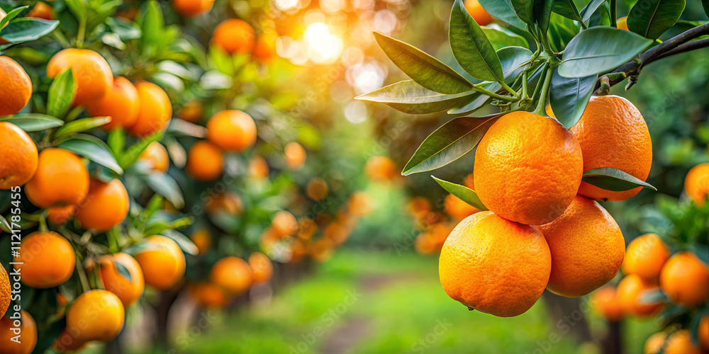Ripe oranges hang from branches in a lush orchard at sunset, casting warm light across the vibrant green foliage, creating a tranquil atmosphere perfect for fruit harvesting Ripe oranges hang from branches in a lush orchard at sunset, casting warm light across the vibrant green foliage, creating a tranquil atmosphere perfect for fruit harvesting
