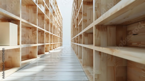 A minimalist wooden bookshelf with multiple shelves on a white background. photo