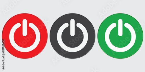 Power switch button with turn on off icons and shut down symbols in round buttons. On and off push button on white background.