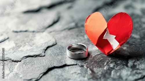 Heartbreak symbolism featuring a broken red paper heart and a silver ring, representing love proposals and emotional struggles. photo