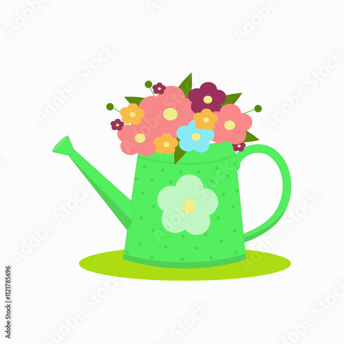 a bouquet of spring flowers in a watering can