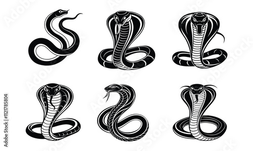 Collection of Six Black Line Art Illustrations of Snakes and Cobras