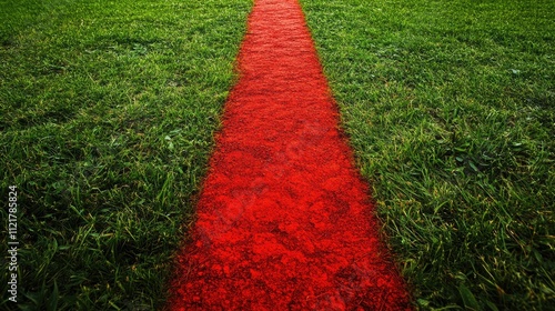 Narrow red pathway with footprints on lush green grass creating a vivid contrast in a serene outdoor setting. photo