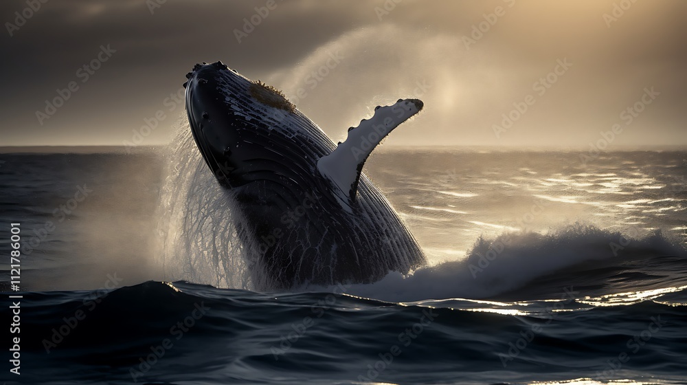 Fototapeta premium Humpback Whale Breaching at Golden Sunset