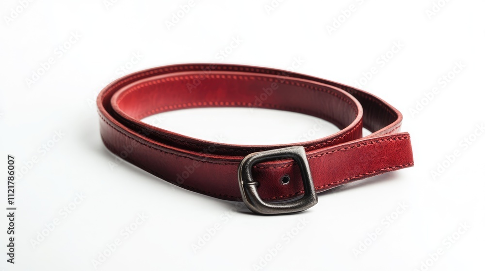 Red leather belt with a silver buckle on a minimalistic white background showcasing elegance and simplicity in fashion accessories Red leather belt with a silver buckle on a minimalistic white background showcasing elegance and simplicity in fashion accessories
