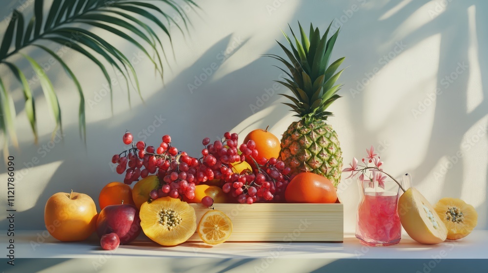 Vibrant still life composition of assorted fruits in a wooden box with tropical ambiance and soft shadows on a light background Vibrant still life composition of assorted fruits in a wooden box with tropical ambiance and soft shadows on a light background